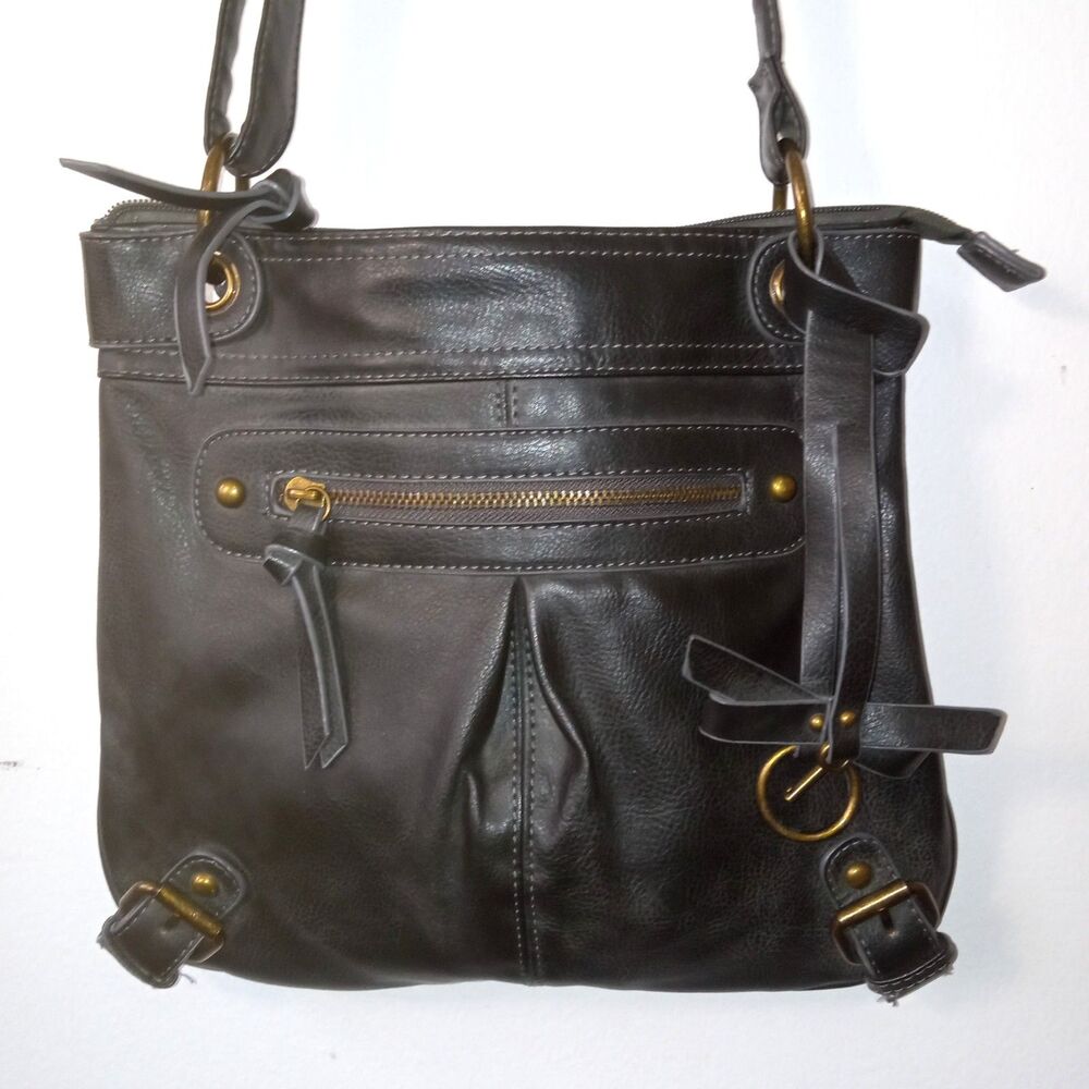 Cesca Faux Leather Crossbody Charcoal Black Medium Shoulder Handbag Purse